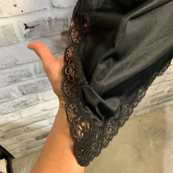 Vintage 90s Y2K French Maid Black Silky Satin Lace Boho Chic Half Slip Skirt - Picture 4 of 14